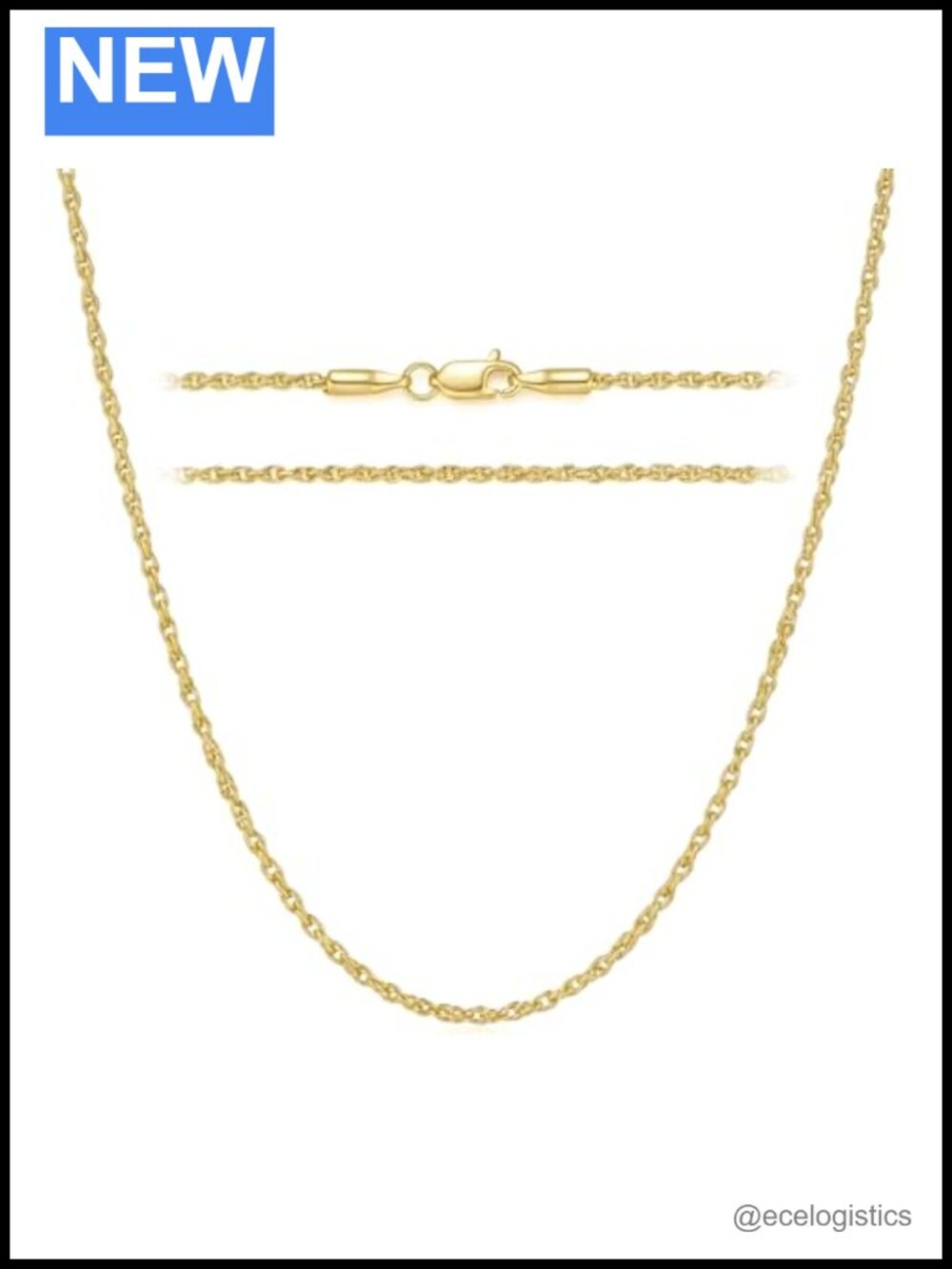 14k Gold Plated Rope Chain Necklace 2mm Lobster Clasp Unisex Jewelry